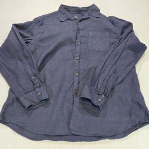 M&S Men’s Large Navy Blue Button Up Shirt Long Sleeve Casual Lightweight Linen